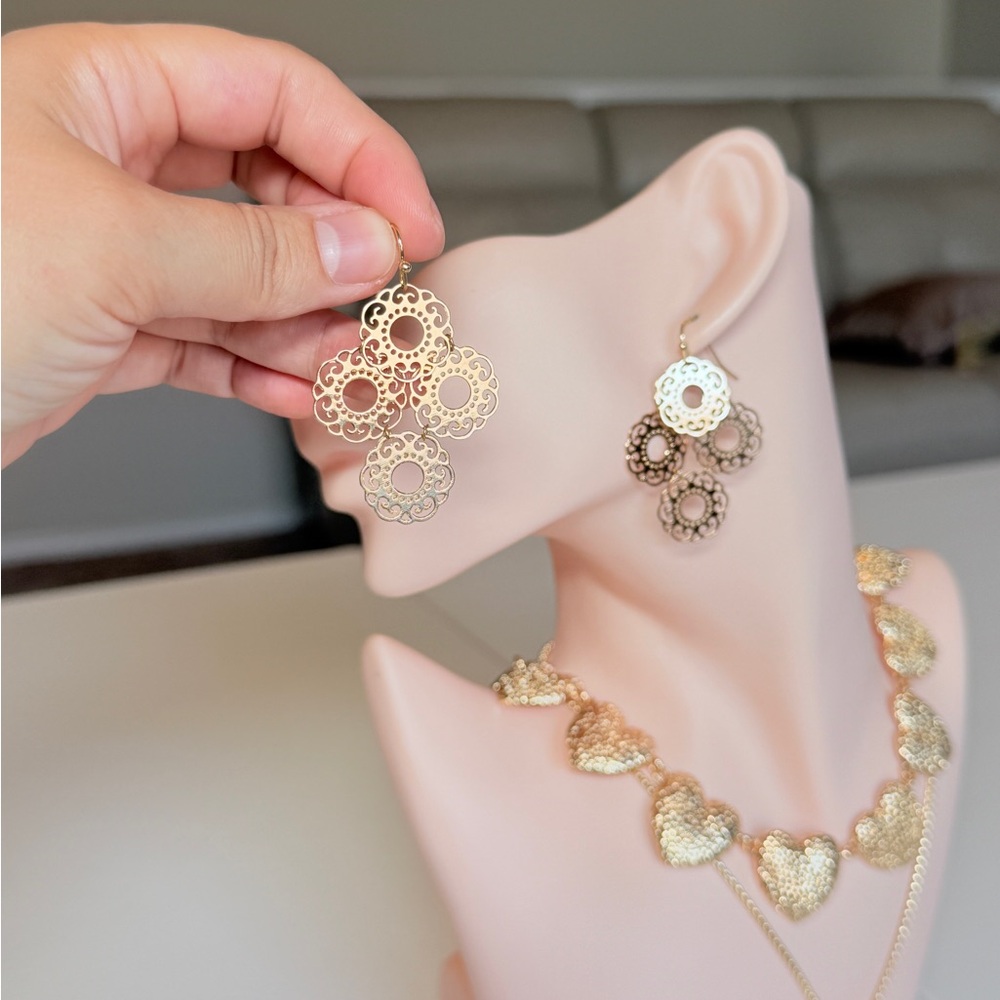 Gold Filigree Drop Earrings - Picture 9 of 13